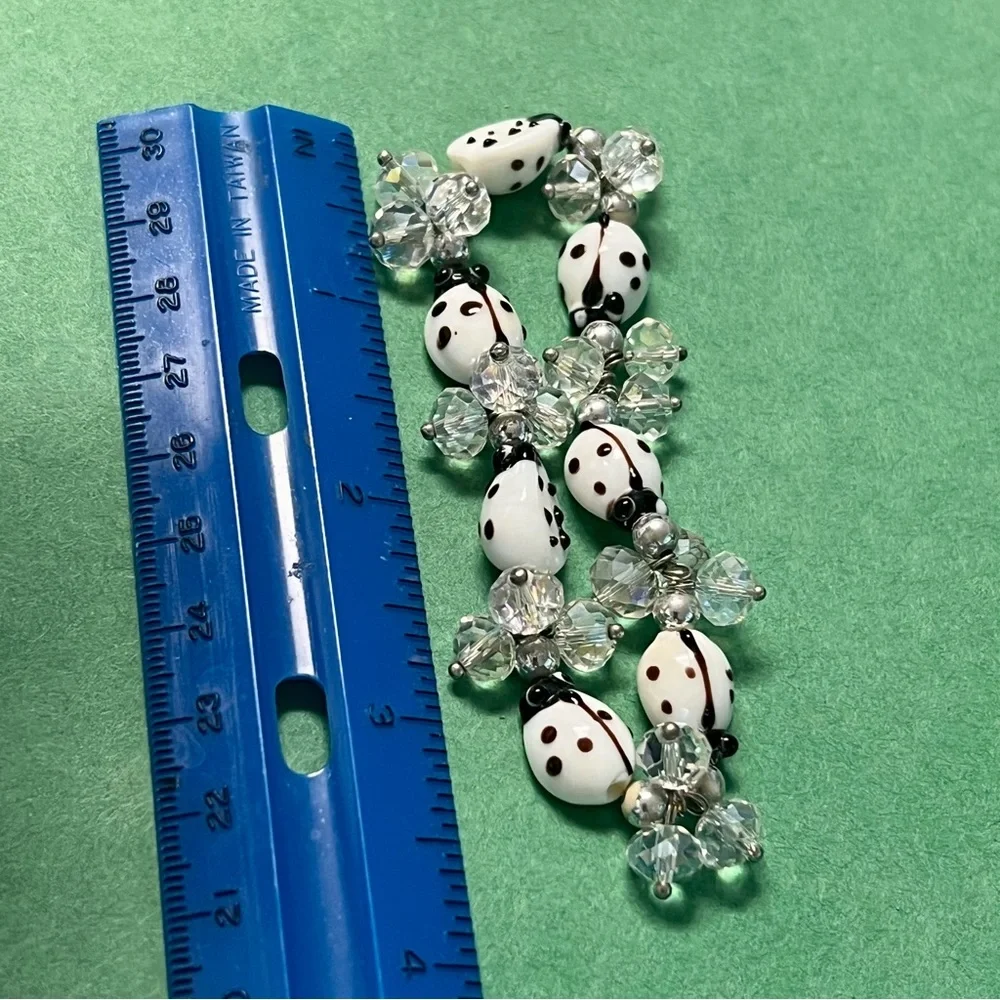 Vintage White Brown Dots Ladybug Glass  & Clear Beaded Stretch Bracelet -‎ Gift